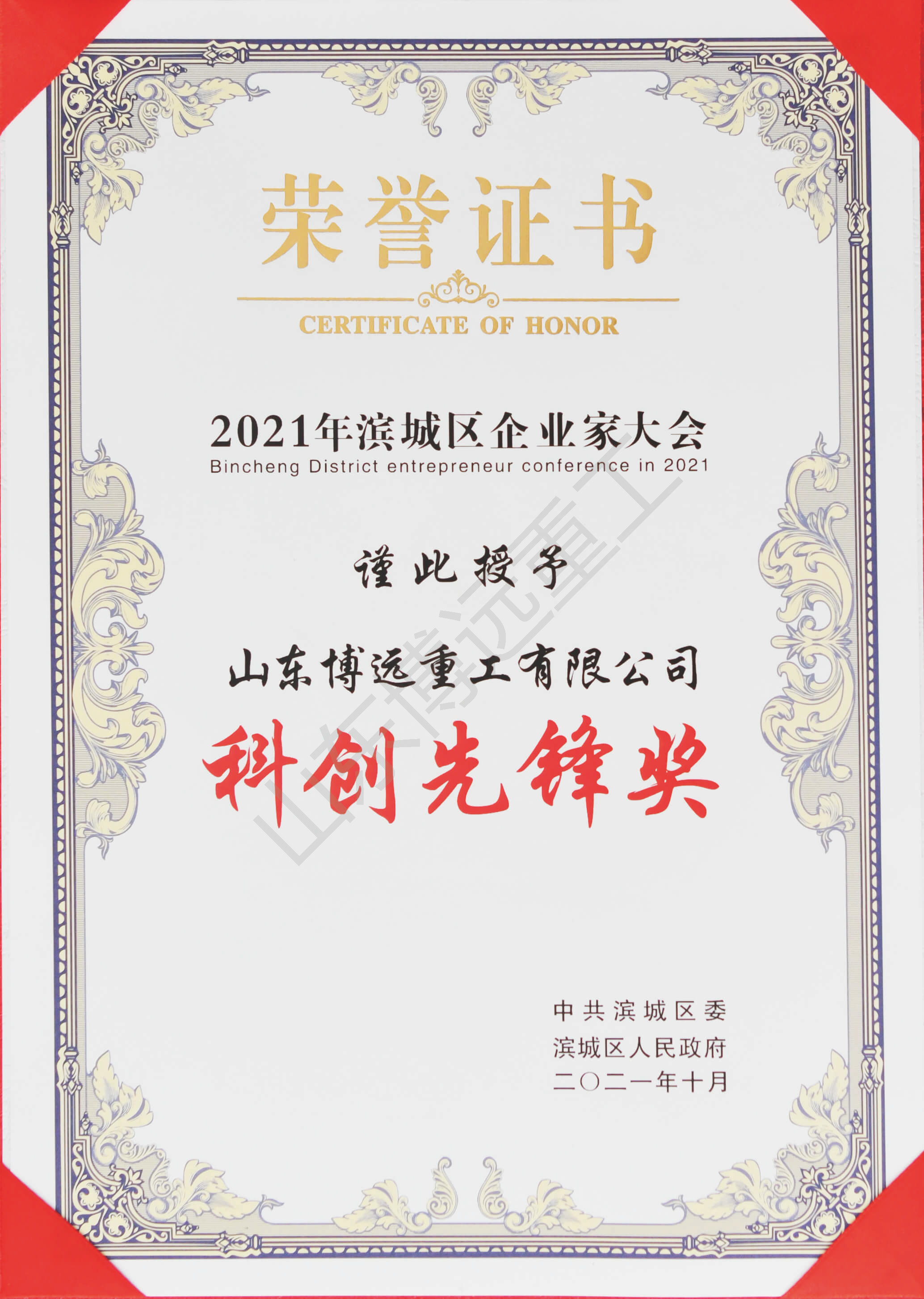 2021年濱城區(qū)企業(yè)家大會(huì) 科創(chuàng)先鋒獎(jiǎng)
